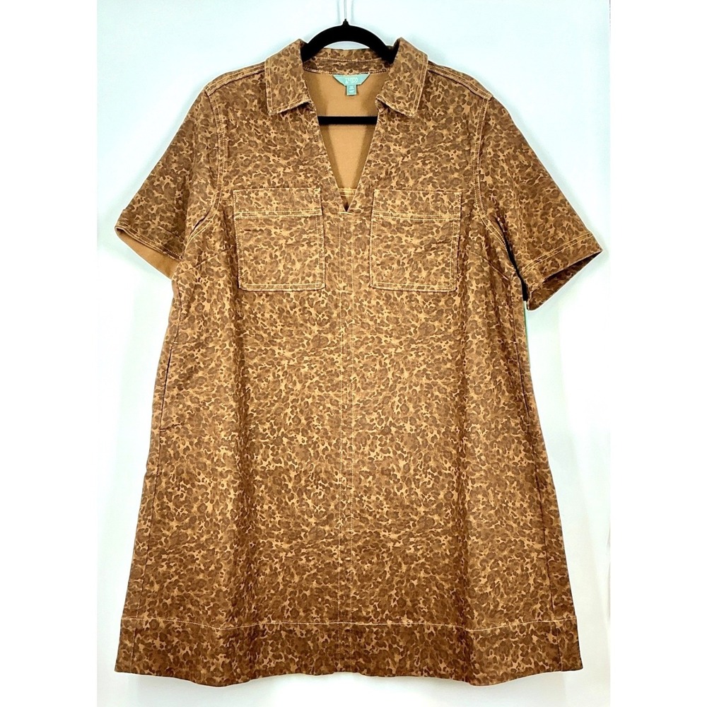 Terra & Sky Shirt Dress 0X Brown Animal Print Short Sleeve Pocket Boho‎ Indie